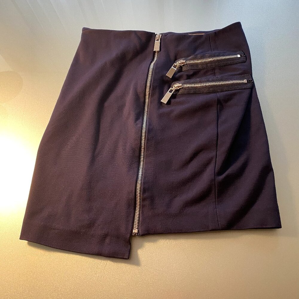 Vince Camuto Navy Asymmetrical Mini Skirt with Zippers 3% Spandex Size 4P A Line